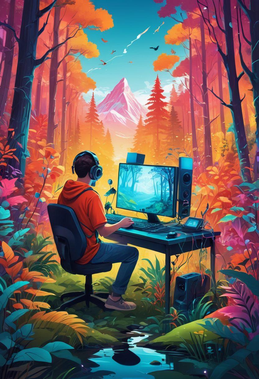 A colorful artwork depicting a gamer surrounded by wild nature, contrasting a vibrant forest backdrop with streaming elements like a computer setup, glowing screens, and playful animal characters. Integrate symbols of adult themes subtly within the foliage, suggesting exploration and freedom in a whimsical style. The scene combines technology and natural elements in a lively manner. vibrant colors. playful vector art.