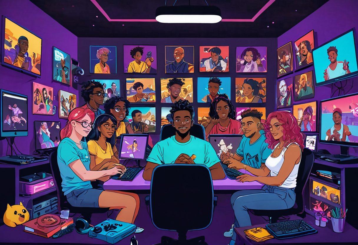 A dynamic illustration capturing a diverse group of adult streamers engaging with their audience on a vibrant Twitch platform, featuring colorful chat boxes and playful emojis. The scene showcases various creative streaming setups like neon-lit rooms and playful backgrounds, highlighting different themes like gaming, art, and lifestyle. Emphasize inclusivity with characters of varied genders and ethnicities, and include playful elements that hint at the adult themes respectfully. The overall mood is energetic and engaging, showcasing the intersection of gaming and adult content. vibrant colors. digital art.