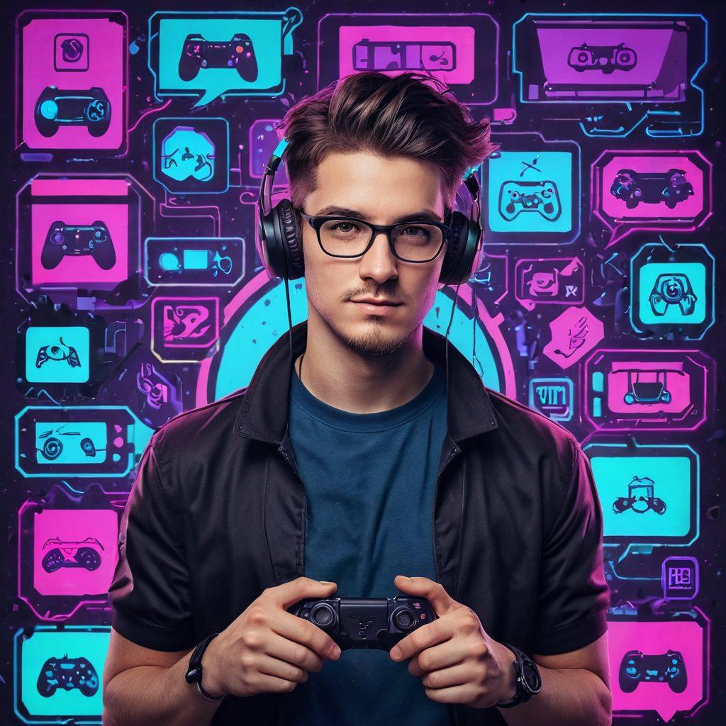 A vibrant digital collage showcasing a Twitch livestream with a charismatic streamer at the center, surrounded by playful elements of gaming and adult entertainment. The background features pixelated icons symbolizing gaming (like controllers and avatars) intertwined with elegant silhouettes representing adult themes. The color palette is bold and energetic, merging neon blues and pinks for a trendy vibe. Add dynamic lighting effects to create excitement and engagement. cyberpunk. vibrant colors.